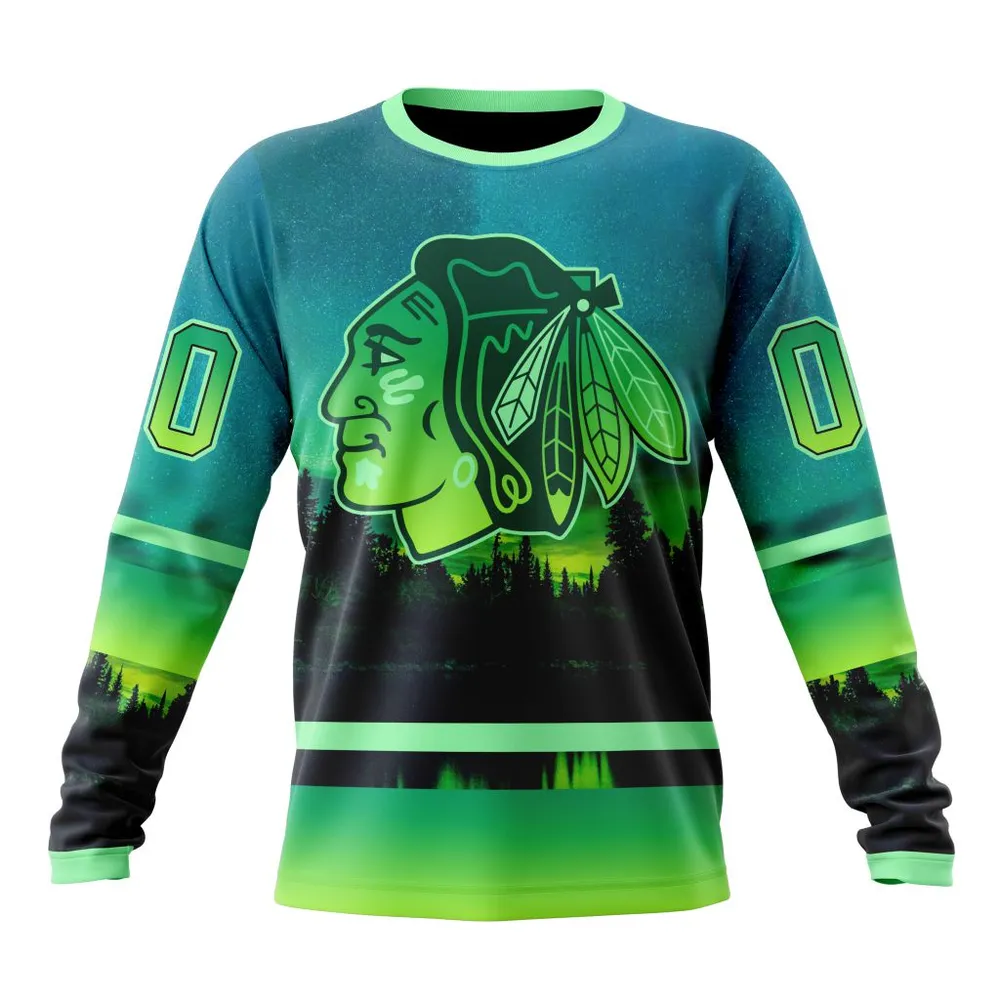 NHL Chicago Blackhawks Special Northern Lights Design St2302 Long Sleeved Sweatshirt 