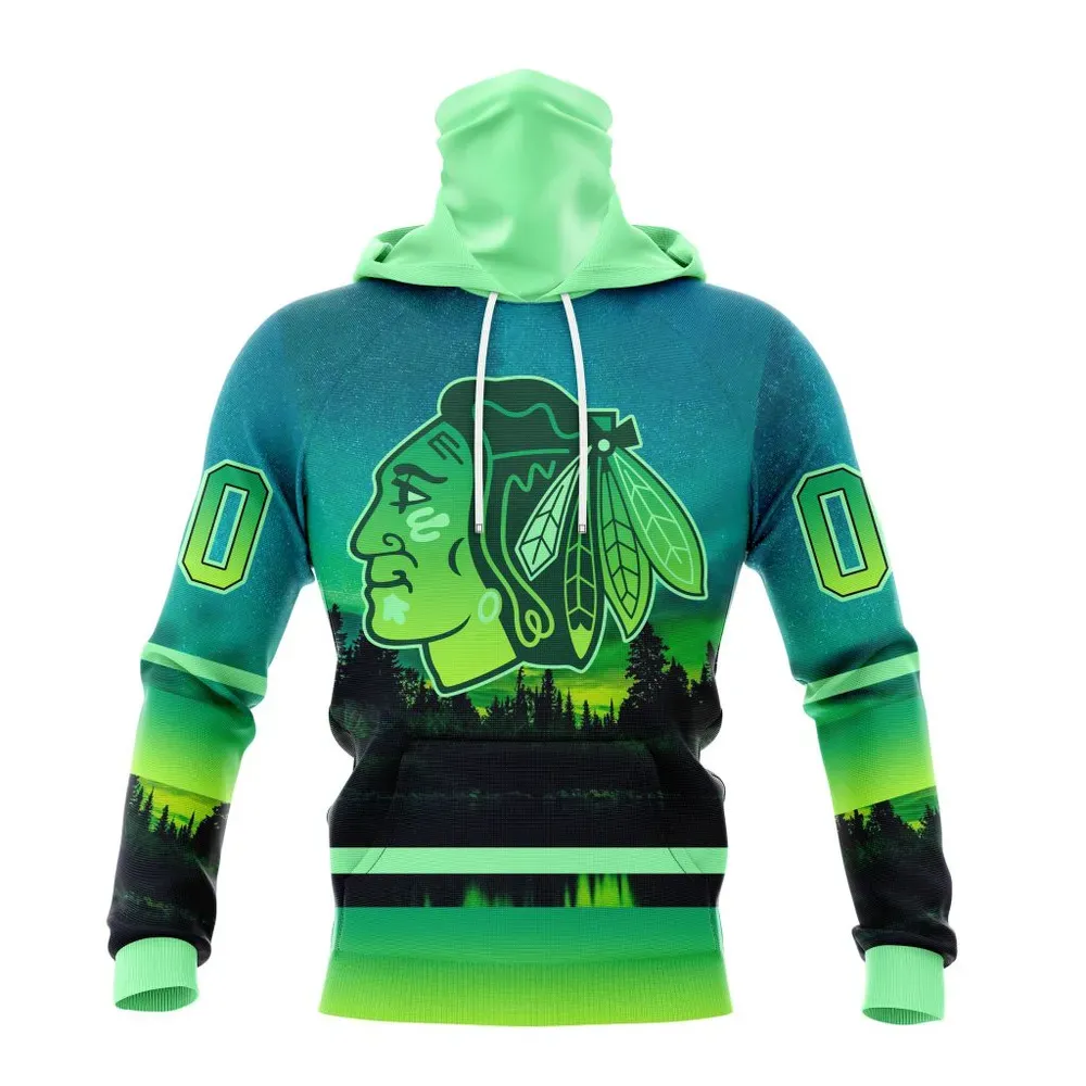 NHL Chicago Blackhawks Special Northern Lights Design St2302 Mask Hoodie