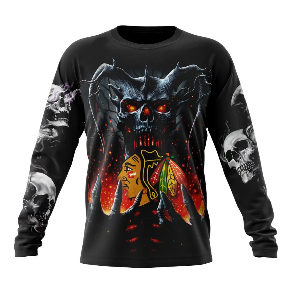 NHL Chicago Blackhawks Special Skull Art Design St2301 Long Sleeved Sweatshirt 