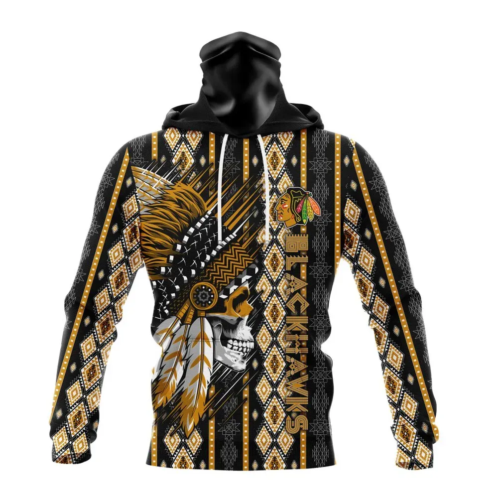 NHL Chicago Blackhawks Special Skull Native Design St2301 Mask Hoodie