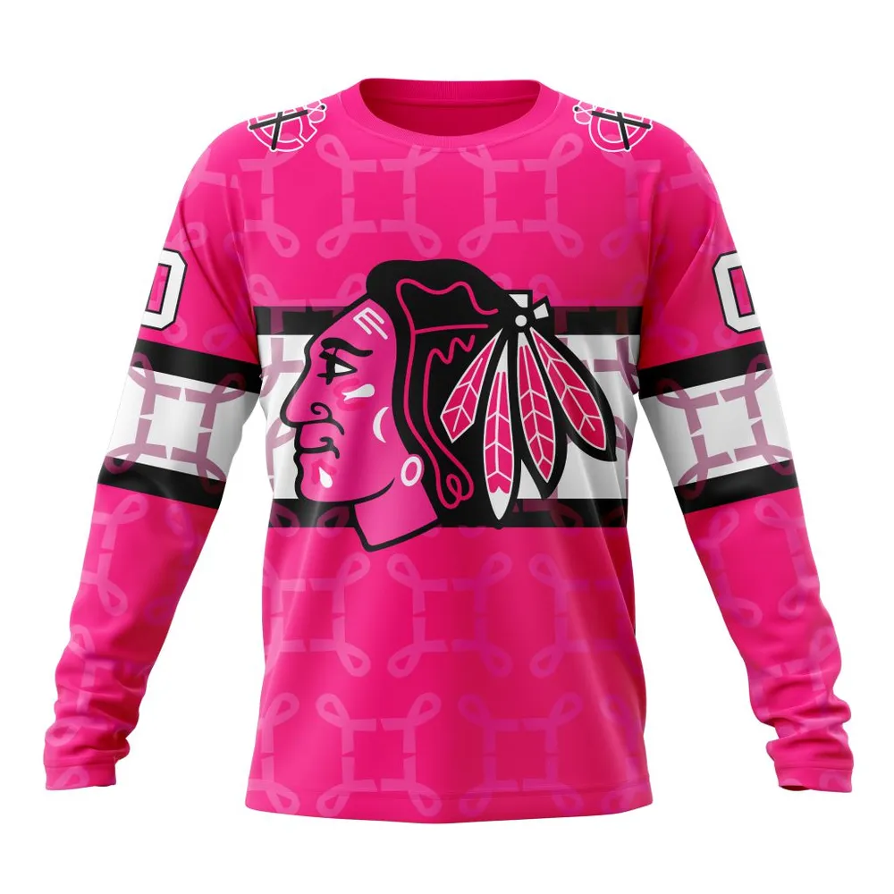 NHL Chicago Blackhawks | Specialized Design I Pink I Can! In October We Wear Pink Breast Cancer Long Sleeved Sweatshirt 