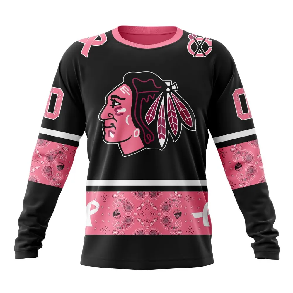 NHL Chicago Blackhawks | Specialized Design In Classic Style With Paisley! In October We Wear Pink Breast Cancer Long Sleeved Sweatshirt 