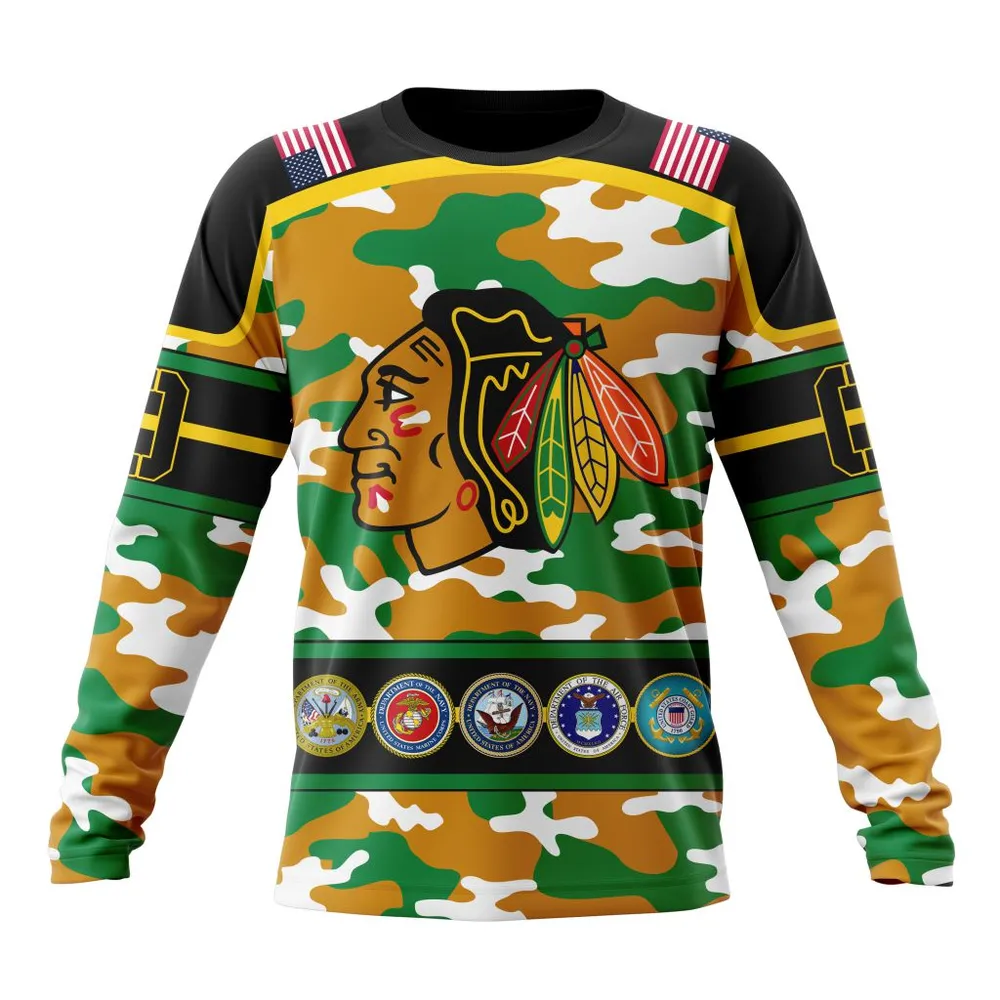 NHL Chicago Blackhawks | Specialized Design Wih Camo Team Color And Military Force Logo Long Sleeved Sweatshirt 