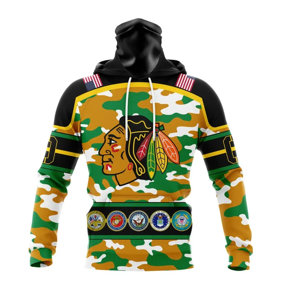 NHL Chicago Blackhawks | Specialized Design Wih Camo Team Color And Military Force Logo Mask Hoodie