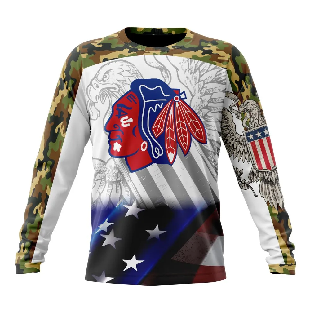 NHL Chicago Blackhawks | Specialized Design With Our America Flag And Our America Eagle Long Sleeved Sweatshirt 