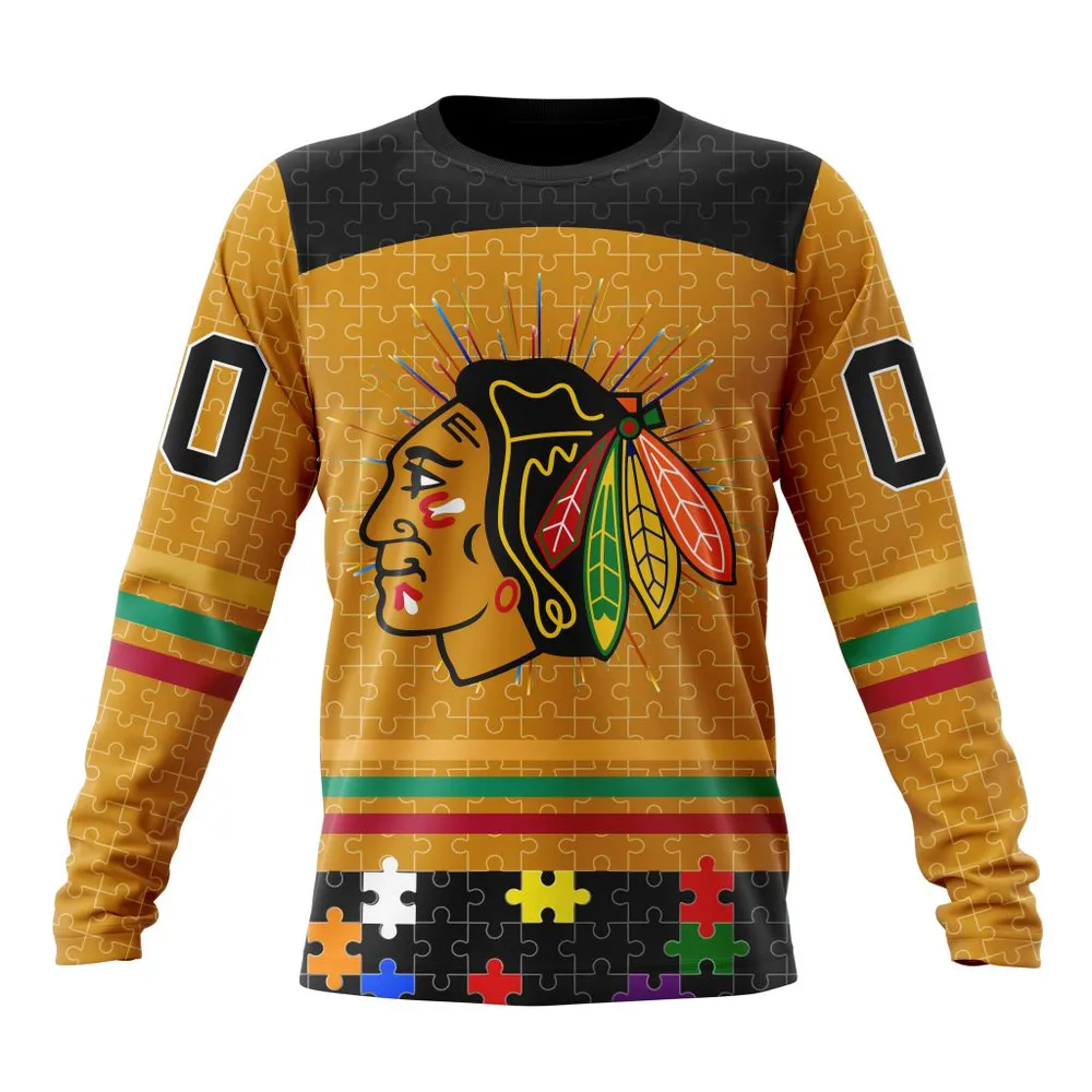 NHL Chicago Blackhawks | Specialized Fearless Aganst Autism V0122 Long Sleeved Sweatshirt 