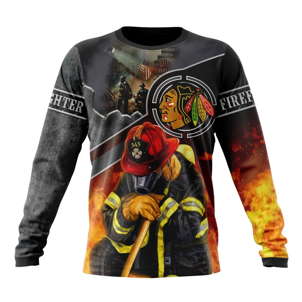 NHL Chicago Blackhawks | Specialized Kits To Honor Firefighter In Patriot Day We Will Never Forget Long Sleeved Sweatshirt 