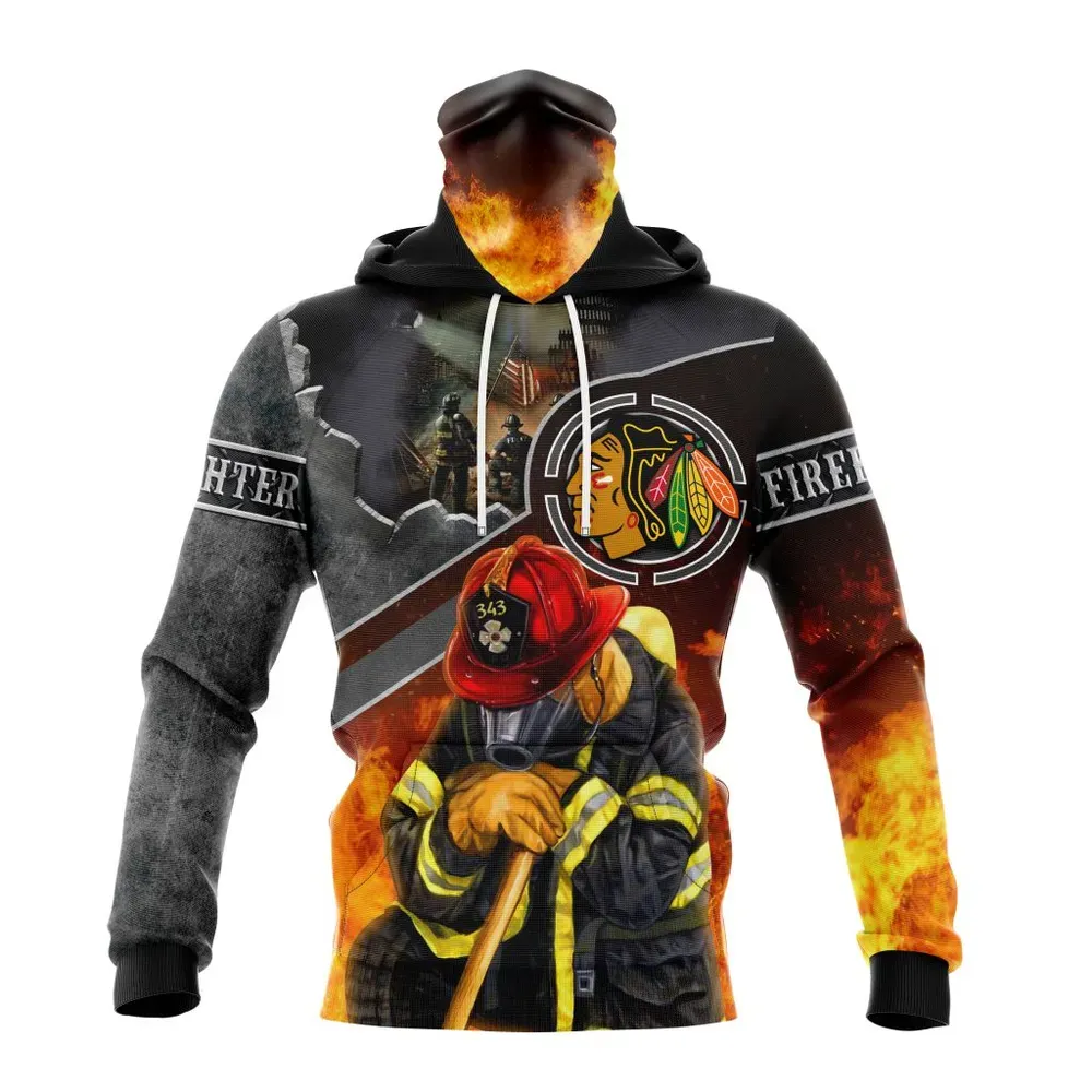 NHL Chicago Blackhawks | Specialized Kits To Honor Firefighter In Patriot Day We Will Never Forget Mask Hoodie