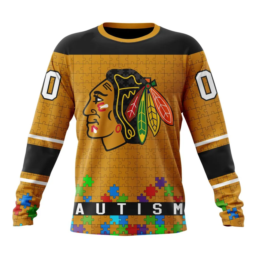 NHL Chicago Blackhawks | Specialized Unisex Kits Hockey Fights Against Autism Long Sleeved Sweatshirt 