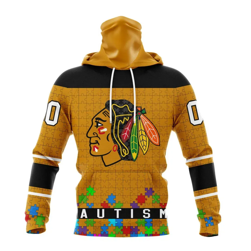 NHL Chicago Blackhawks | Specialized Unisex Kits Hockey Fights Against Autism Mask Hoodie