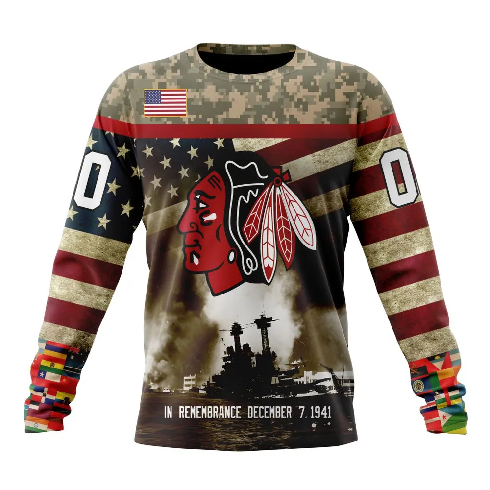 NHL Chicago Blackhawks | Specialized Unisex Kits Remember Pearl Harbor Long Sleeved Sweatshirt 