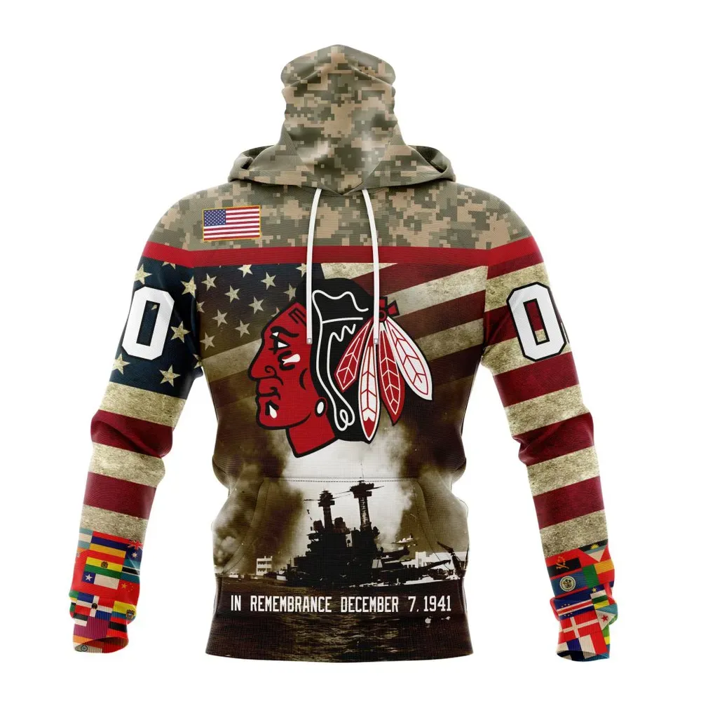 NHL Chicago Blackhawks | Specialized Unisex Kits Remember Pearl Harbor Mask Hoodie