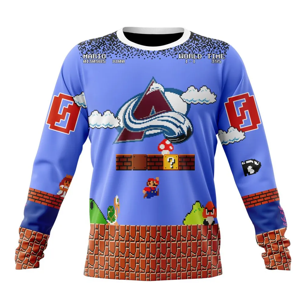 NHL Colorado Avalanche Special Kits With Super Mario Game Design Long Sleeved Sweatshirt 