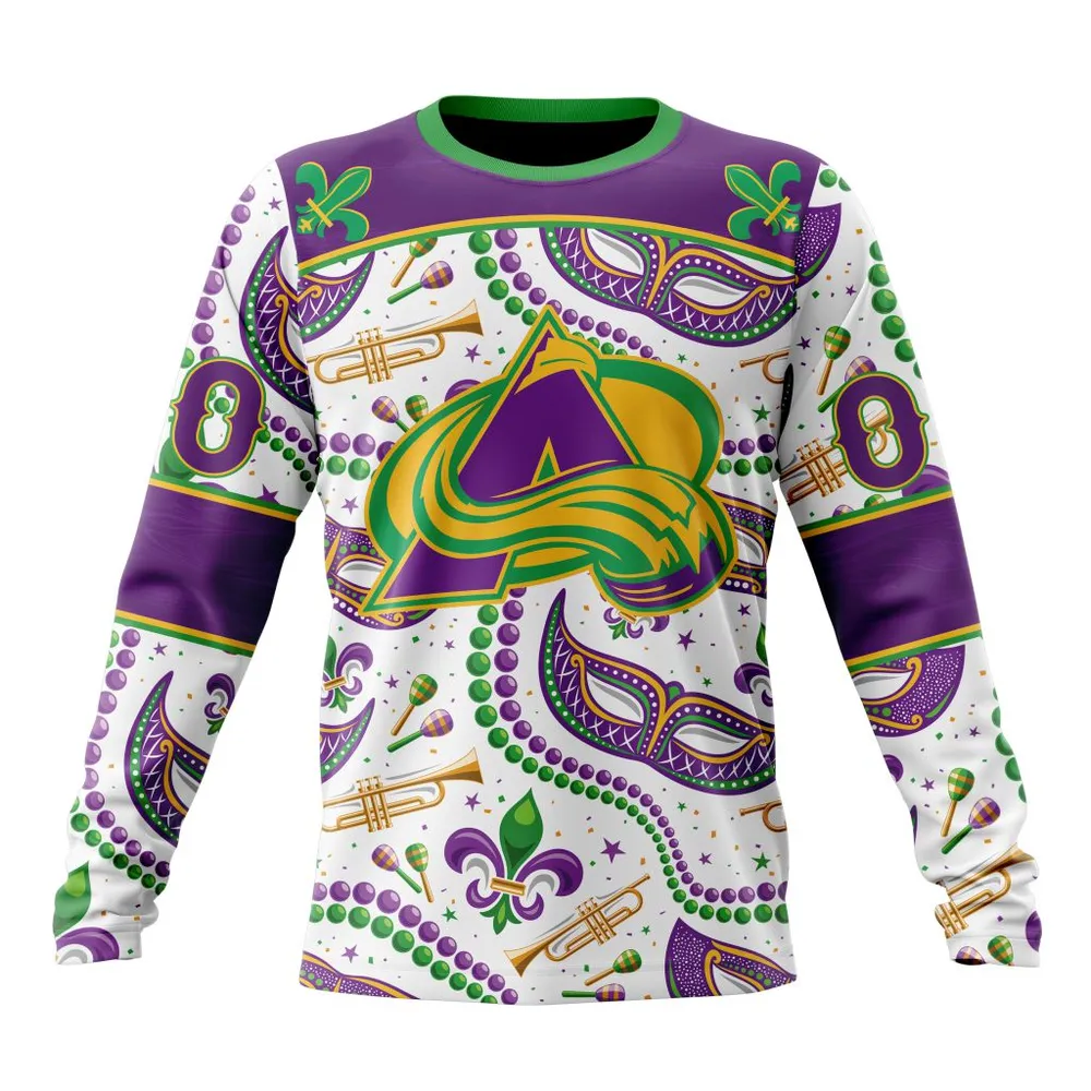 NHL Colorado Avalanche Special Mardi Gras Design St2401 Long Sleeved Sweatshirt 