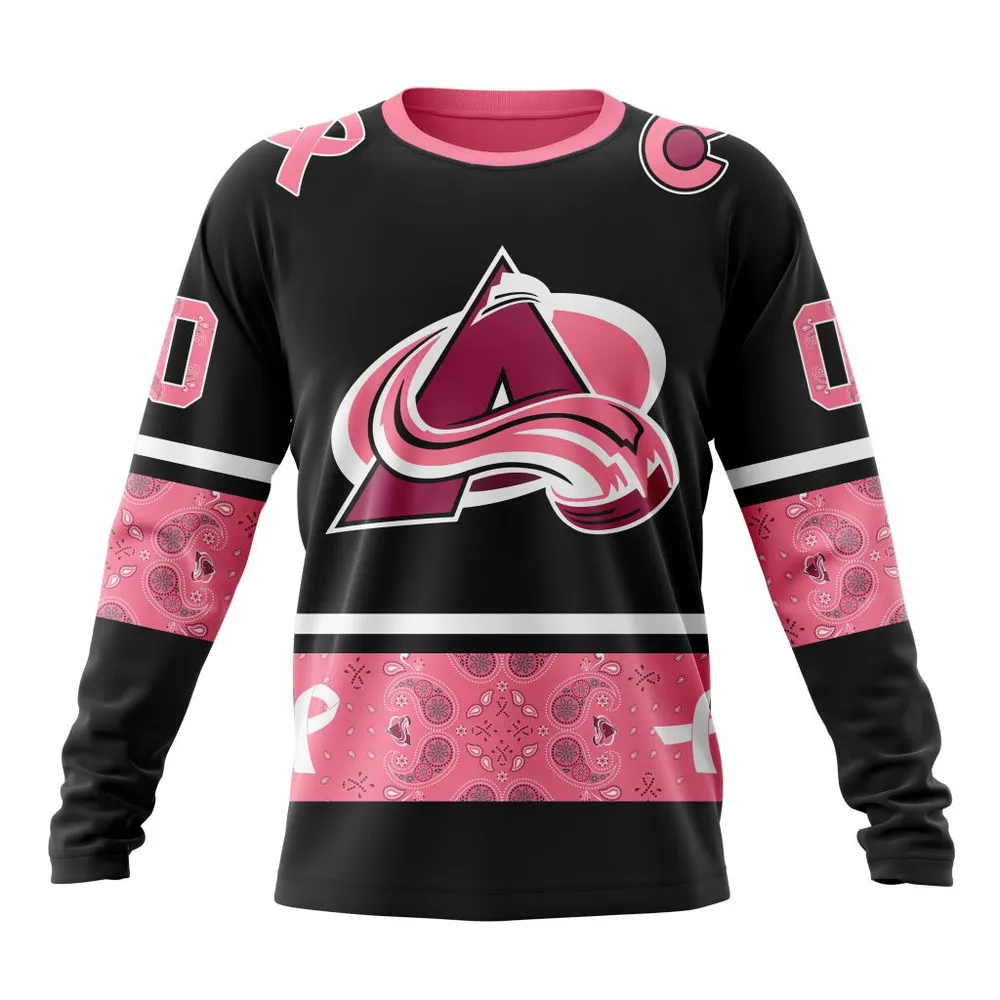 NHL Colorado Avalanche | Specialized Design In Classic Style With Paisley! In October We Wear Pink Breast Cancer Long Sleeved Sweatshirt 