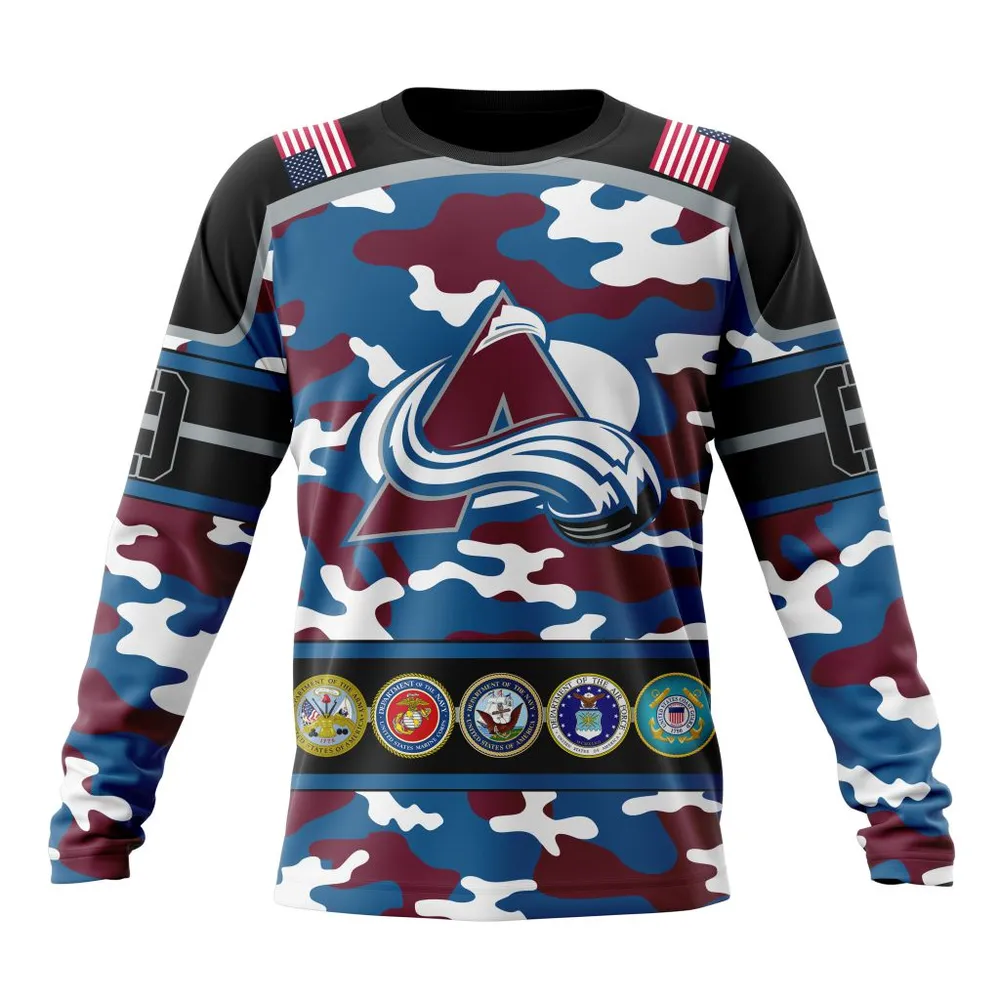 NHL Colorado Avalanche | Specialized Design Wih Camo Team Color And Military Force Logo Long Sleeved Sweatshirt 