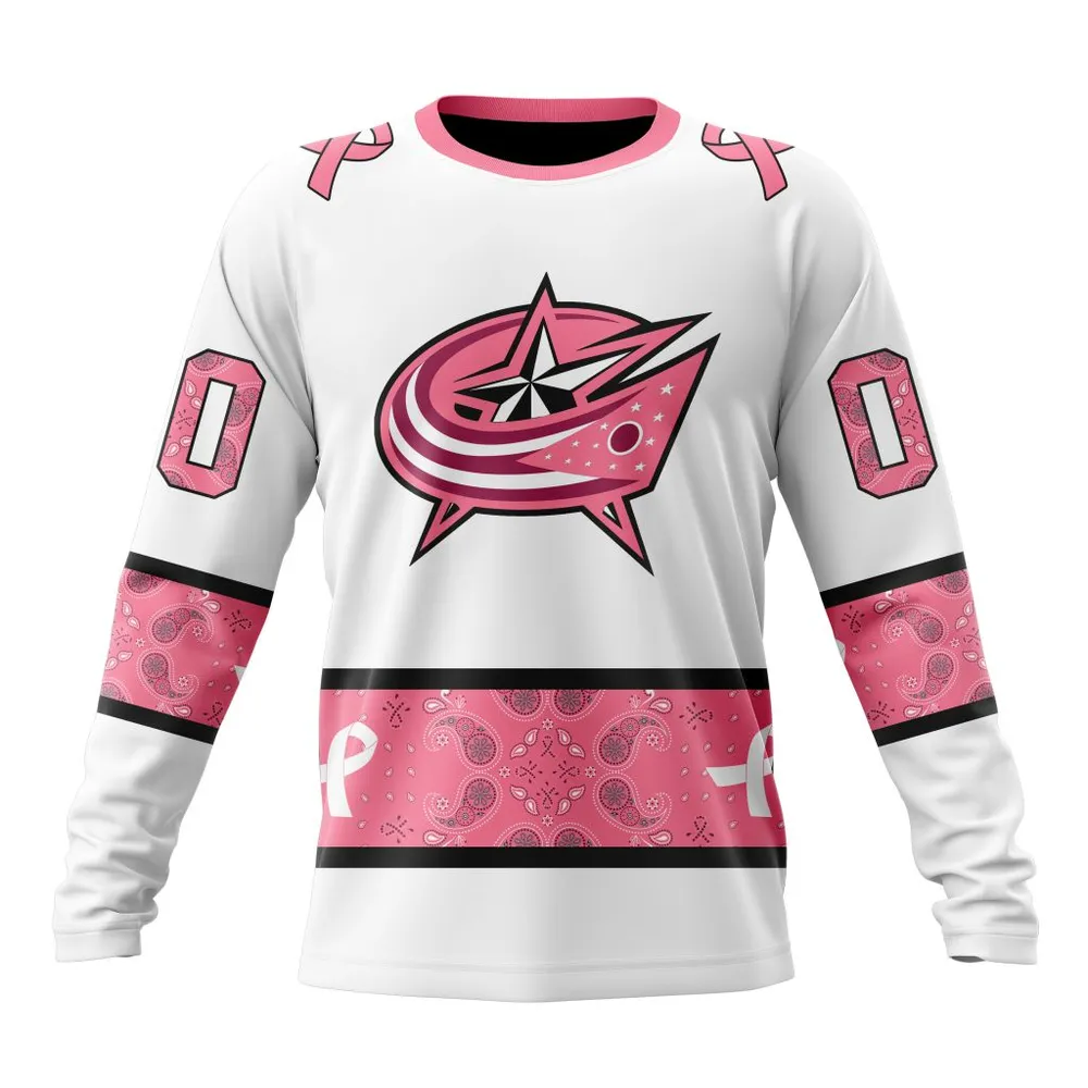 NHL Columbus Blue Jackets In Classic Style With Paisley! In October We Wear Pink Breast Cancer Long Sleeved Sweatshirt 