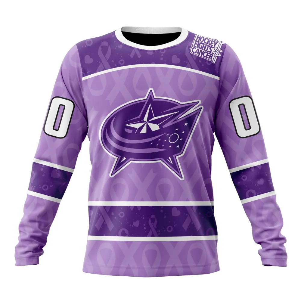 NHL Columbus Blue Jackets New Lavender Hockey Fight Cancer St2301 Long Sleeved Sweatshirt 