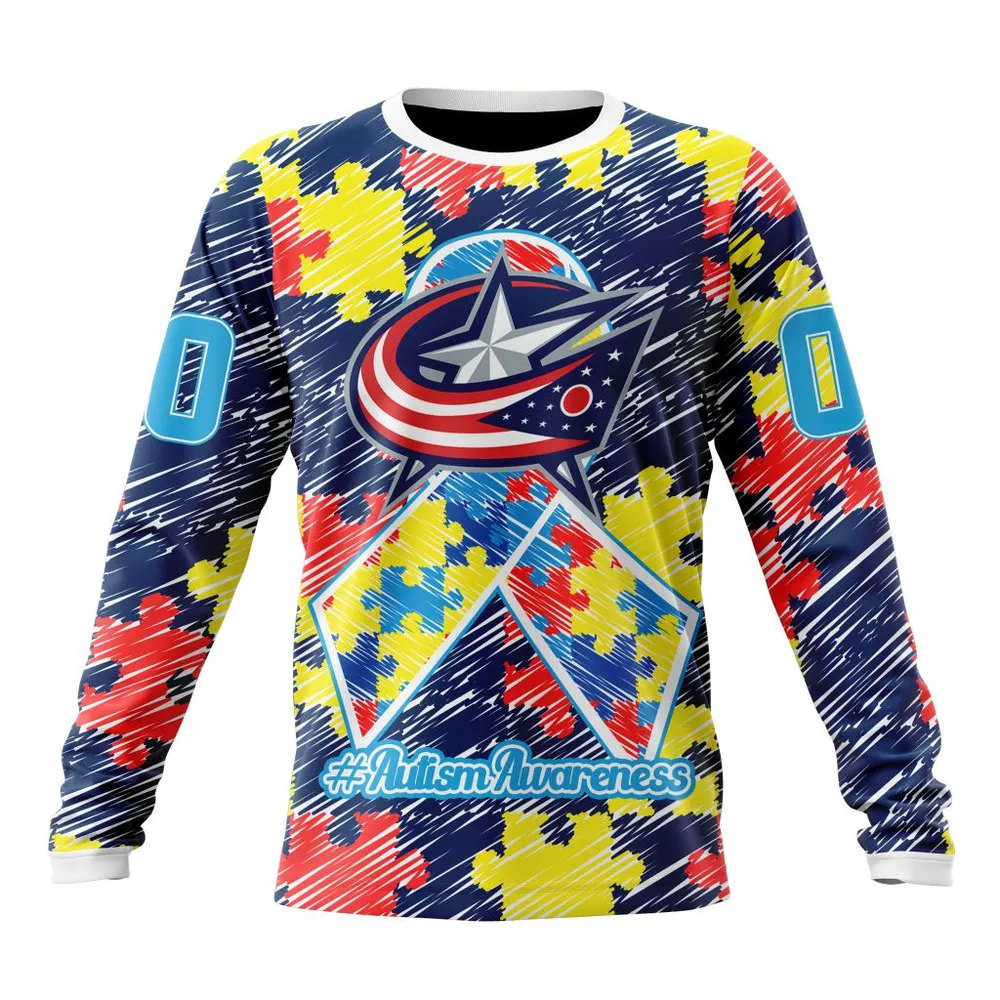 NHL Columbus Blue Jackets Special Autism Awareness Design St2201 Long Sleeved Sweatshirt 