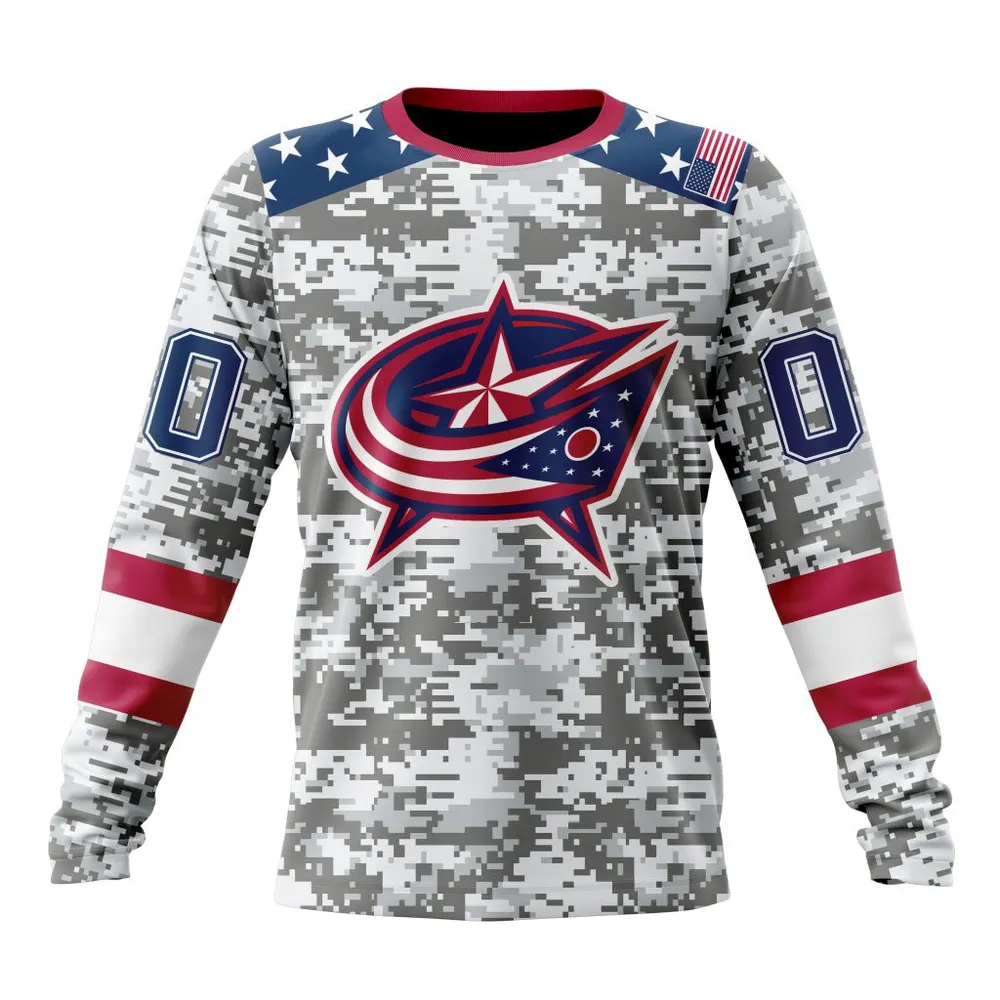 NHL Columbus Blue Jackets Special Camo Design For Veterans Day St2301 Long Sleeved Sweatshirt 