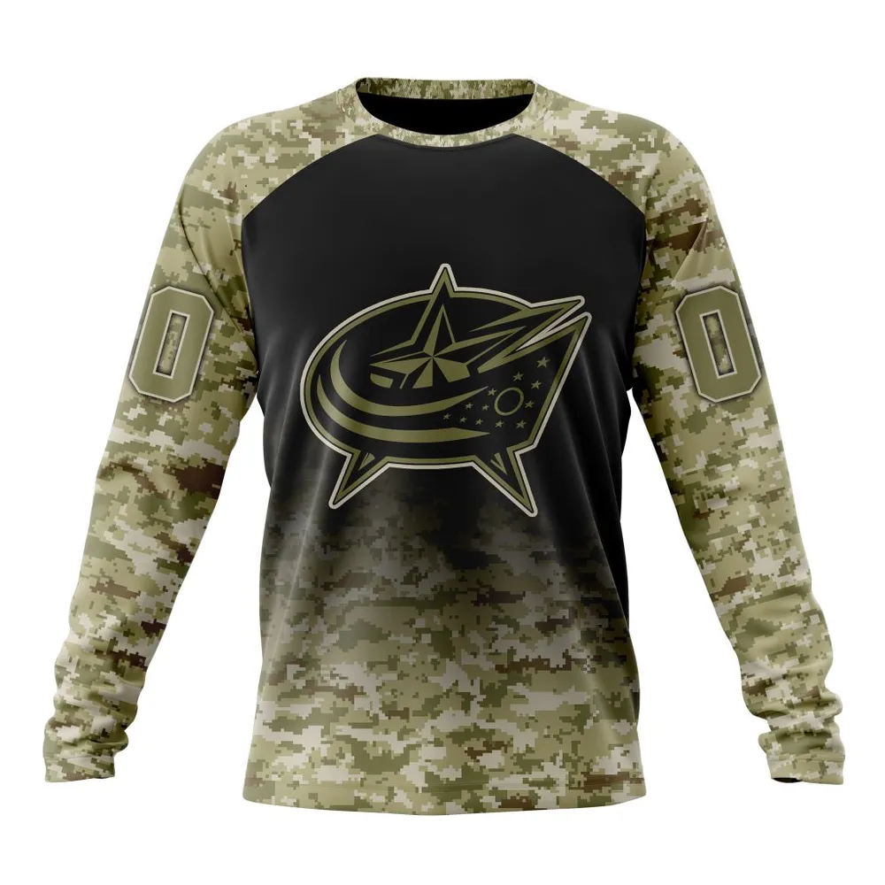 NHL Columbus Blue Jackets Special Camo Design For Veterans Day St2302 Long Sleeved Sweatshirt 