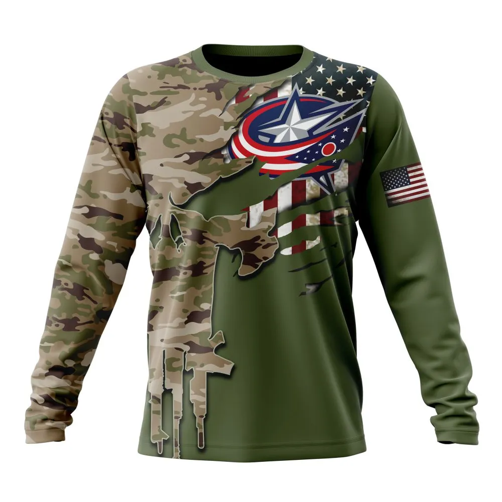 NHL Columbus Blue Jackets Special Camo Skull Design St2303 Long Sleeved Sweatshirt 