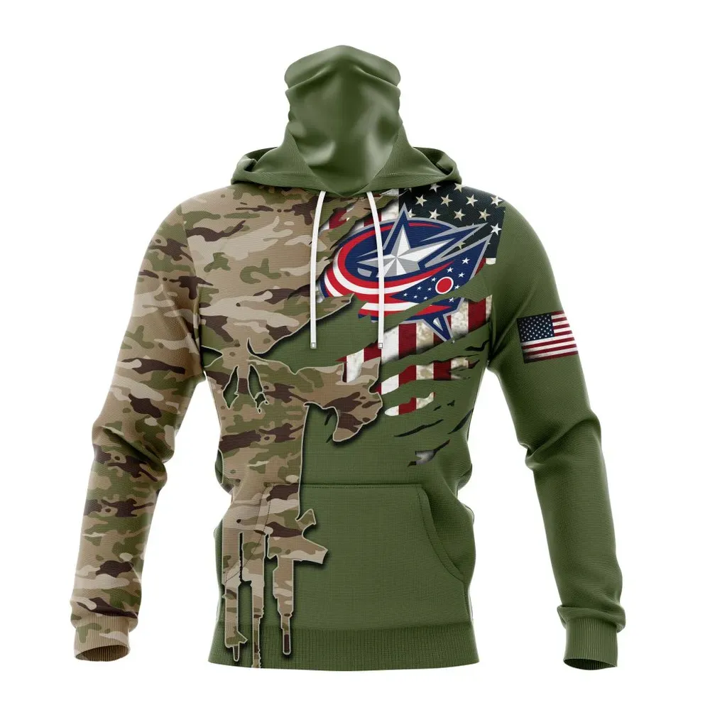 NHL Columbus Blue Jackets Special Camo Skull Design St2303 Mask Hoodie