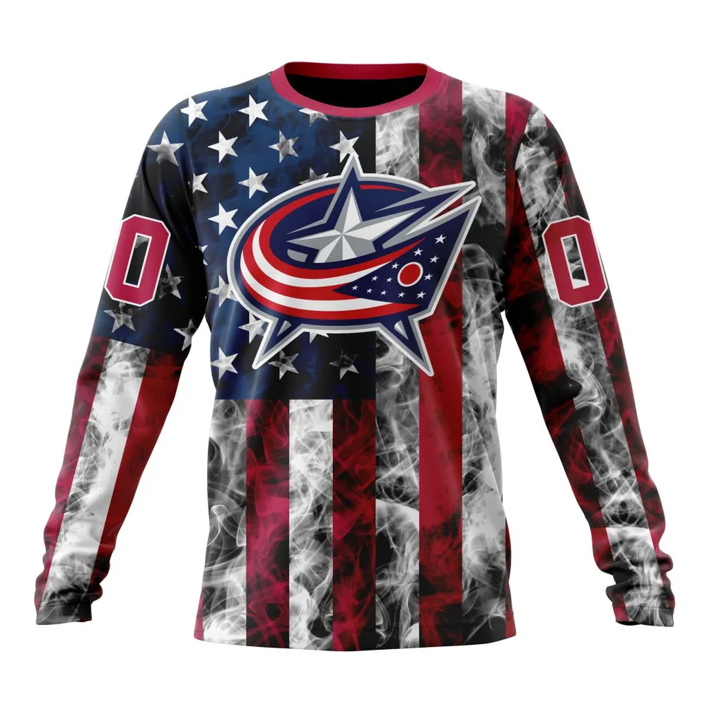 NHL Columbus Blue Jackets Special Design For Independence Day The Fourth Of July St2401 Long Sleeved Sweatshirt 