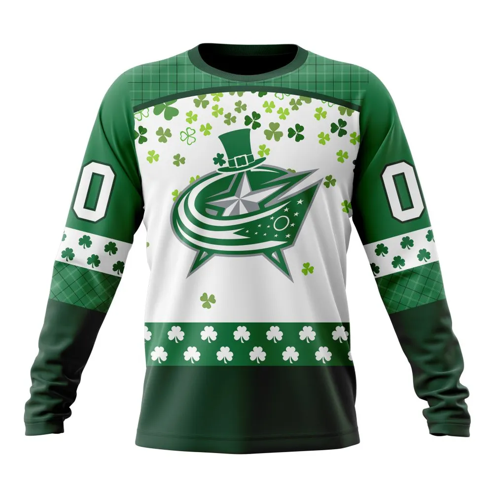 NHL Columbus Blue Jackets Special Design For St. Patrick Day St2401 Long Sleeved Sweatshirt 