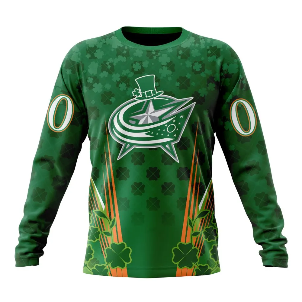 NHL Columbus Blue Jackets Special Design For St. Patrickâ€™S Day St2402 Long Sleeved Sweatshirt 