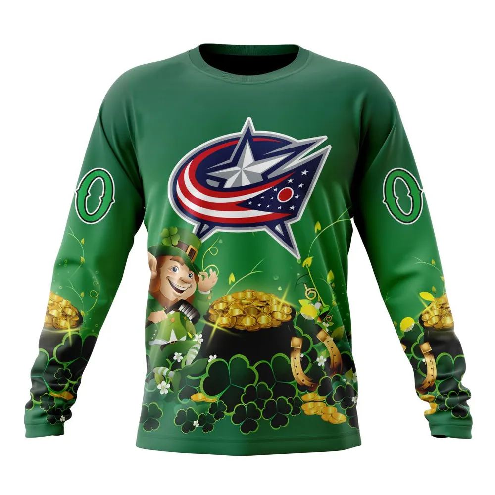 NHL Columbus Blue Jackets Special Design For St. Patrickâ€™S Day St2403 Long Sleeved Sweatshirt 