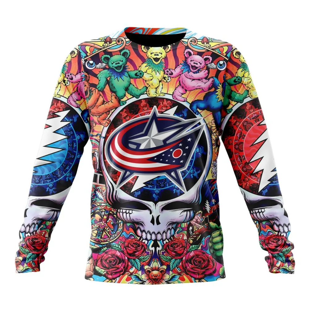 NHL Columbus Blue Jackets Special Grateful Dead Design St2304 Long Sleeved Sweatshirt 