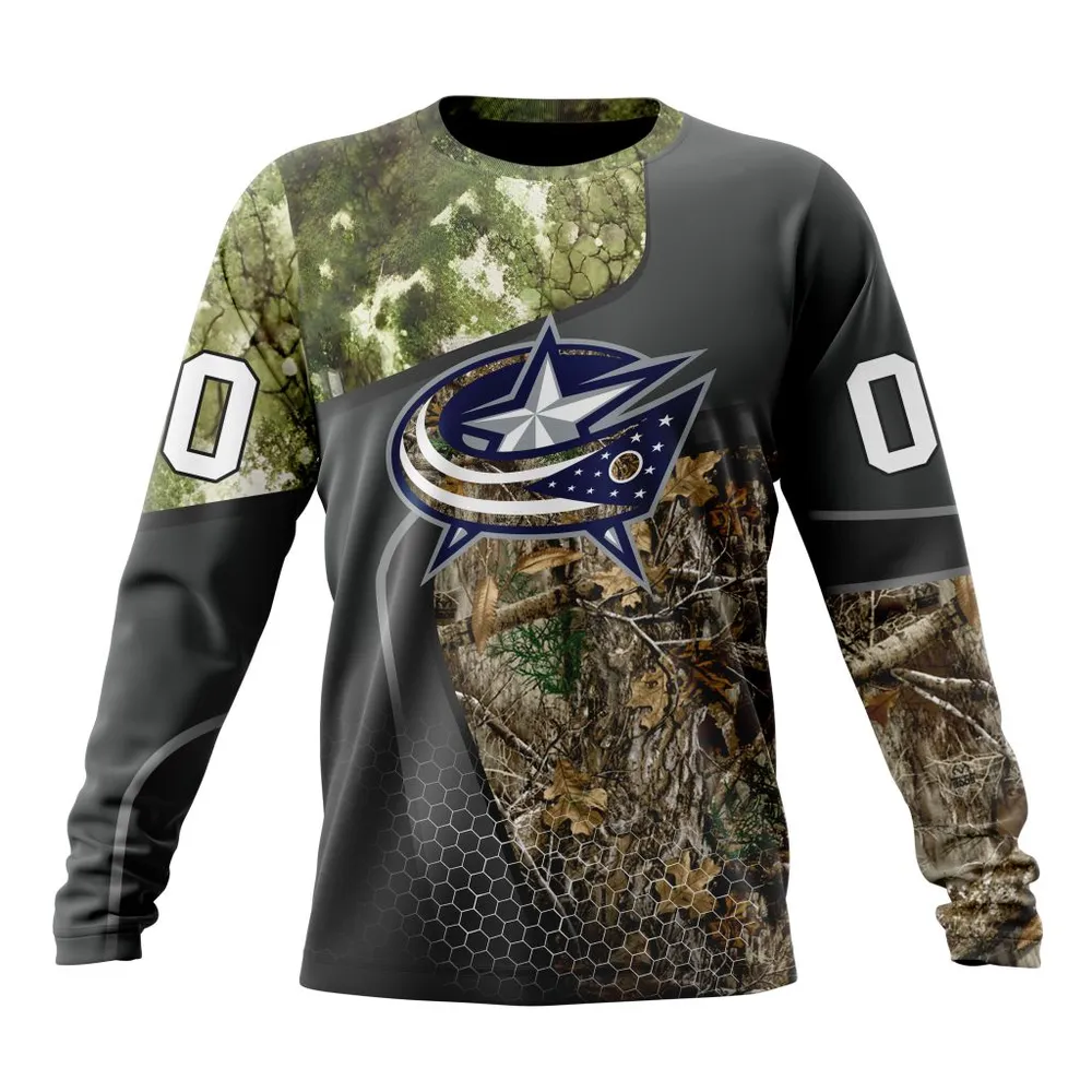 NHL Columbus Blue Jackets Special Hunting Camo Design St2302 Long Sleeved Sweatshirt 