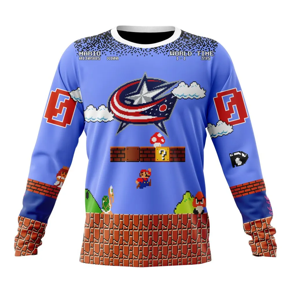 NHL Columbus Blue Jackets Special Kits With Super Mario Game Design Long Sleeved Sweatshirt 