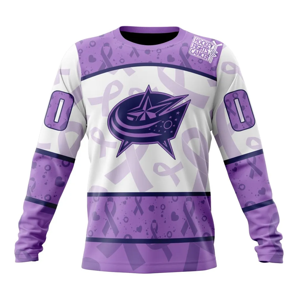 NHL Columbus Blue Jackets Special Lavender Fight Cancer St2201 Long Sleeved Sweatshirt 