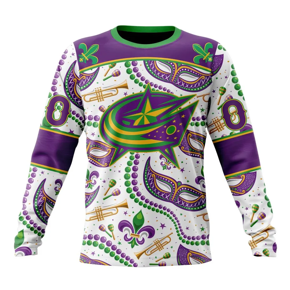 NHL Columbus Blue Jackets Special Mardi Gras Design St2401 Long Sleeved Sweatshirt 