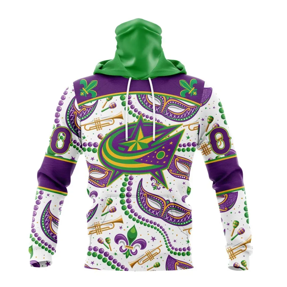 NHL Columbus Blue Jackets Special Mardi Gras Design St2401 Mask Hoodie