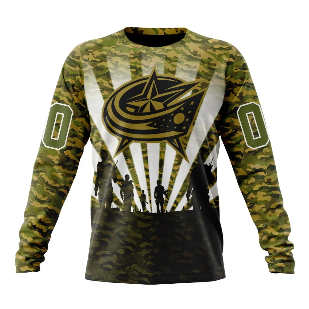 NHL Columbus Blue Jackets Special Military Camo Kits For Veterans Day And Rememberance Day St2201 Long Sleeved Sweatshirt 