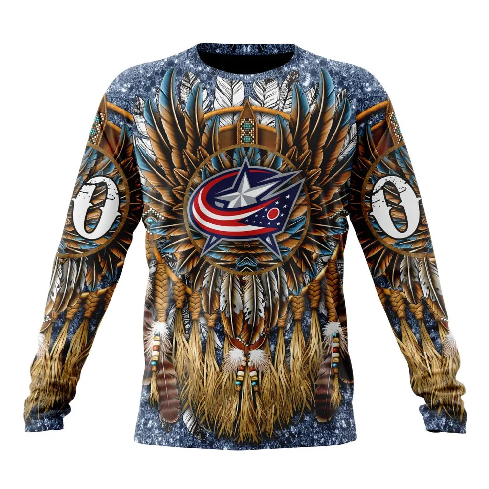 NHL Columbus Blue Jackets Special Native Costume Design St2201 Long Sleeved Sweatshirt 