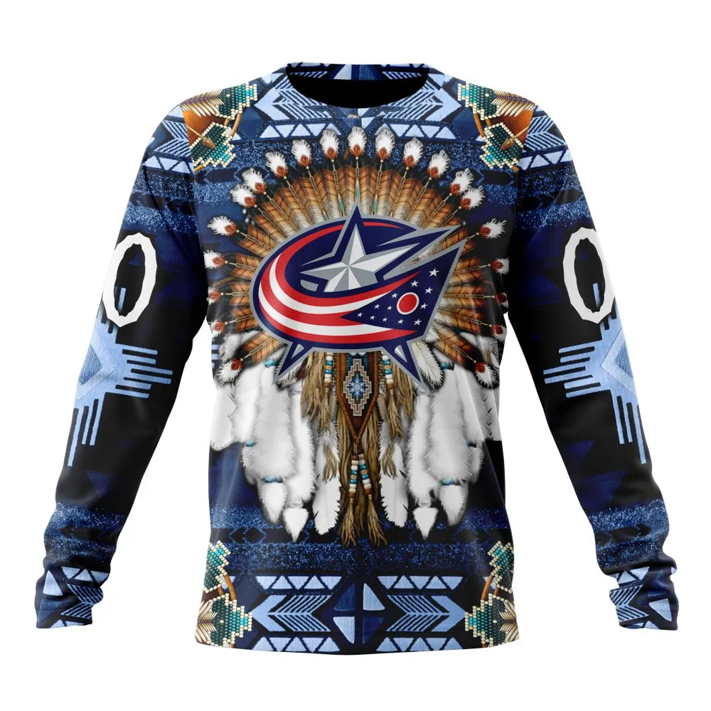 NHL Columbus Blue Jackets Special Native Costume Design St2202 Long Sleeved Sweatshirt 