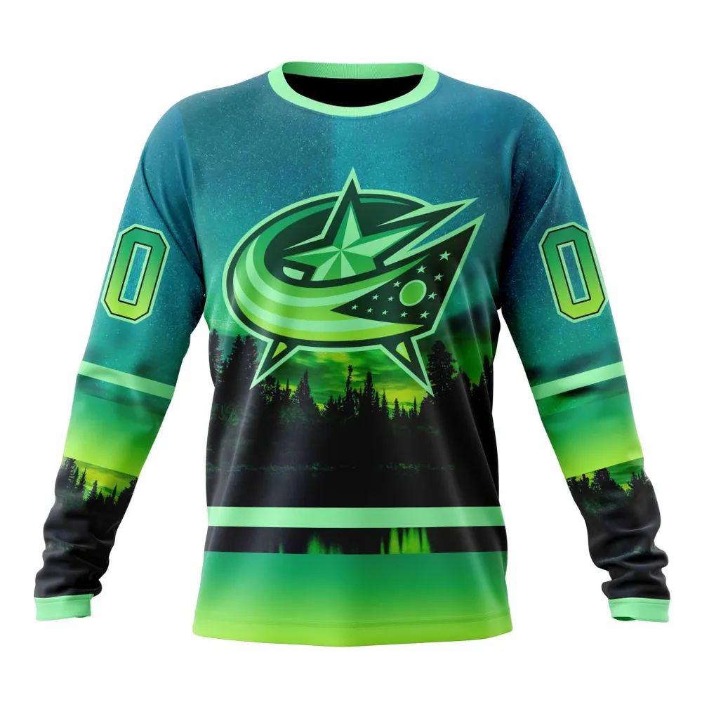 NHL Columbus Blue Jackets Special Northern Lights Design St2302 Long Sleeved Sweatshirt 