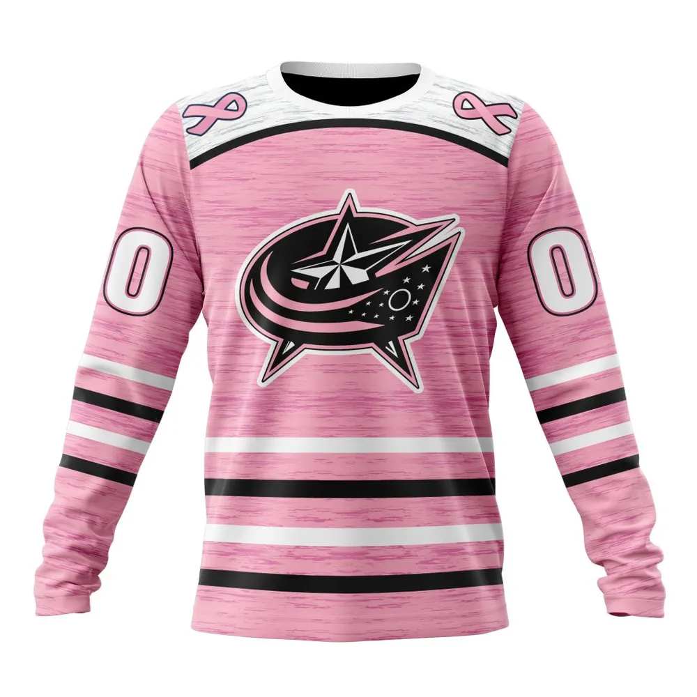 NHL Columbus Blue Jackets Special Pink Fight Breast Cancer Design St2304 Long Sleeved Sweatshirt 