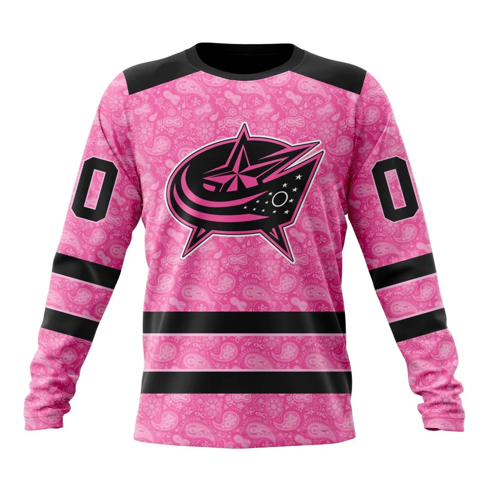 NHL Columbus Blue Jackets Special Pink Fight Breast Cancer St2306 Long Sleeved Sweatshirt 