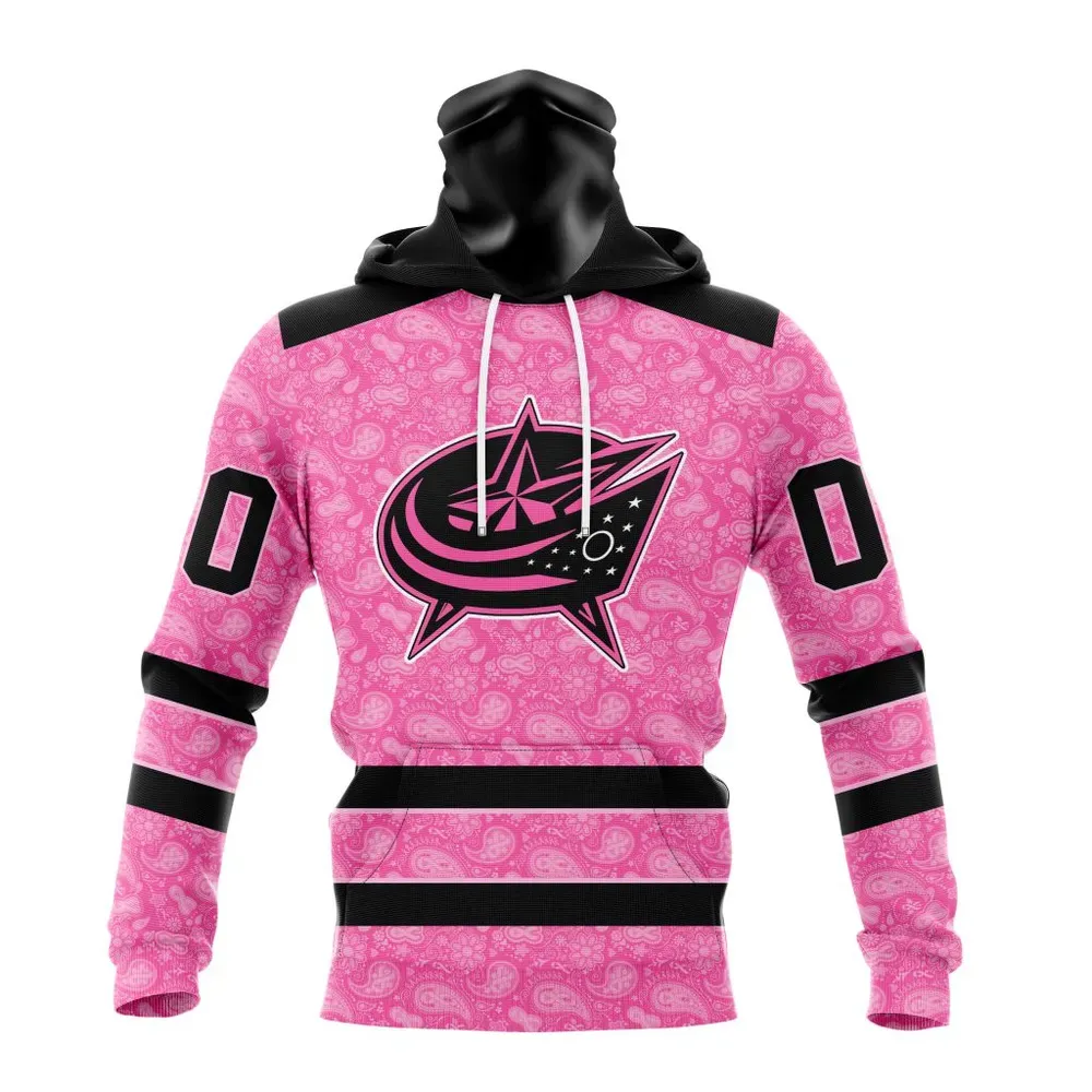 NHL Columbus Blue Jackets Special Pink Fight Breast Cancer St2306 Mask Hoodie