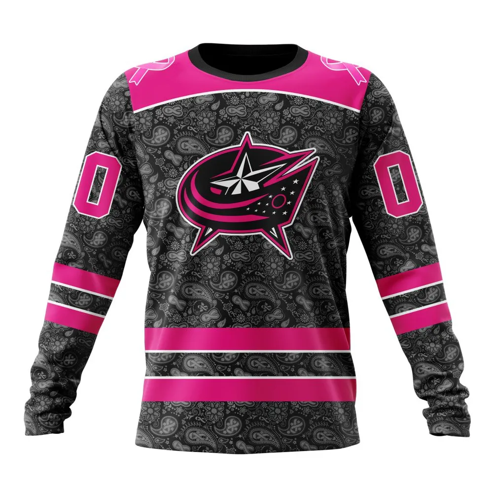 NHL Columbus Blue Jackets Special Pink In The Rink Fight Breast Cancer St2301 Long Sleeved Sweatshirt 