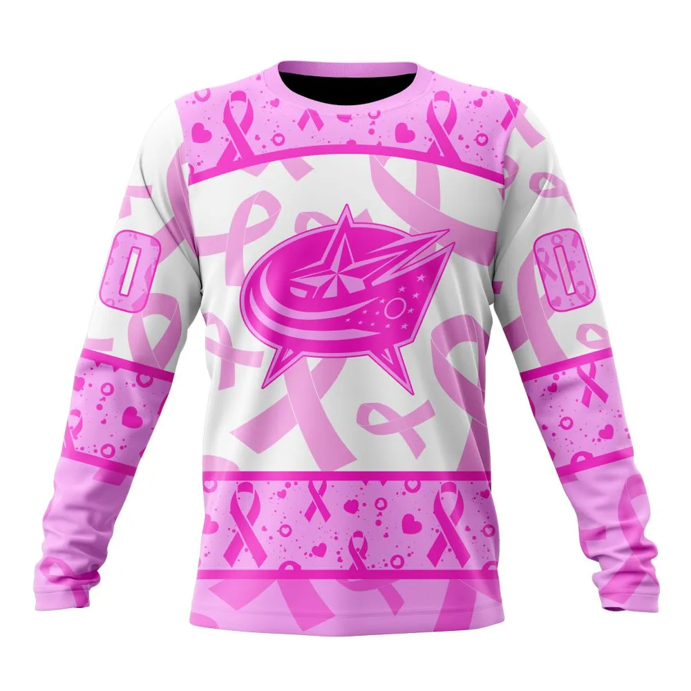 NHL Columbus Blue Jackets Special Pink October Breast Cancer Awareness Month St2302 Long Sleeved Sweatshirt 