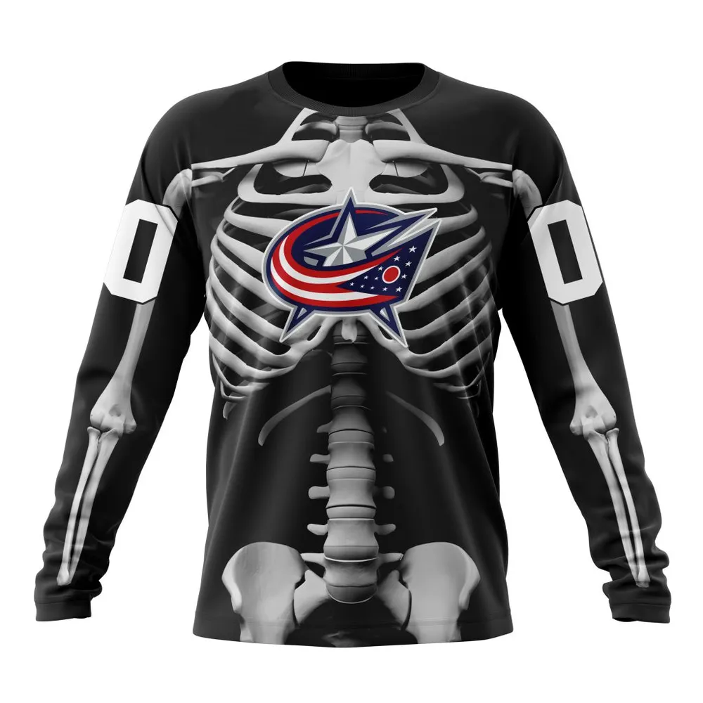 NHL Columbus Blue Jackets Special Skeleton Costume For Halloween St2301 Long Sleeved Sweatshirt 