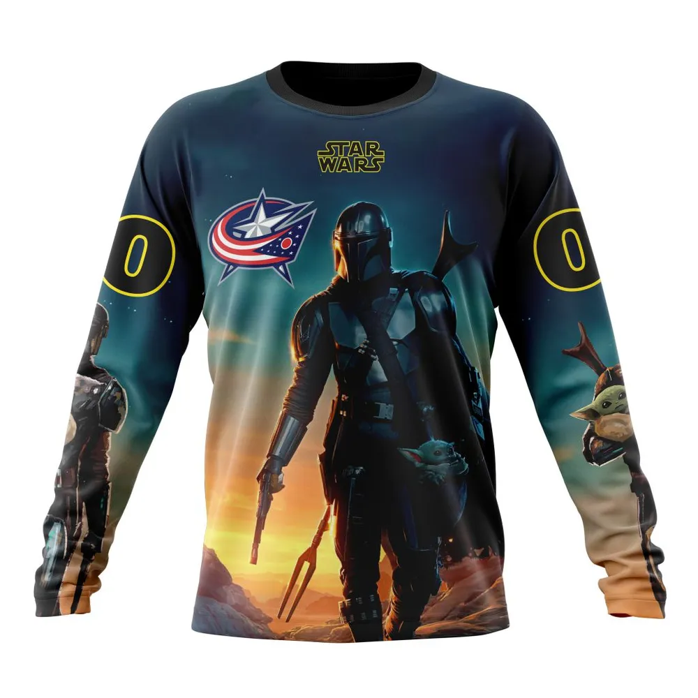 NHL Columbus Blue Jackets Special Star Wars The Mandalorian Design St2401 Long Sleeved Sweatshirt 