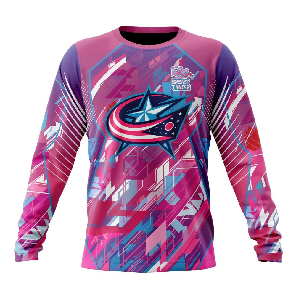 NHL Columbus Blue Jackets | Specialized Design I Pink I Can! Fearless Again Breast Cancer Long Sleeved Sweatshirt 