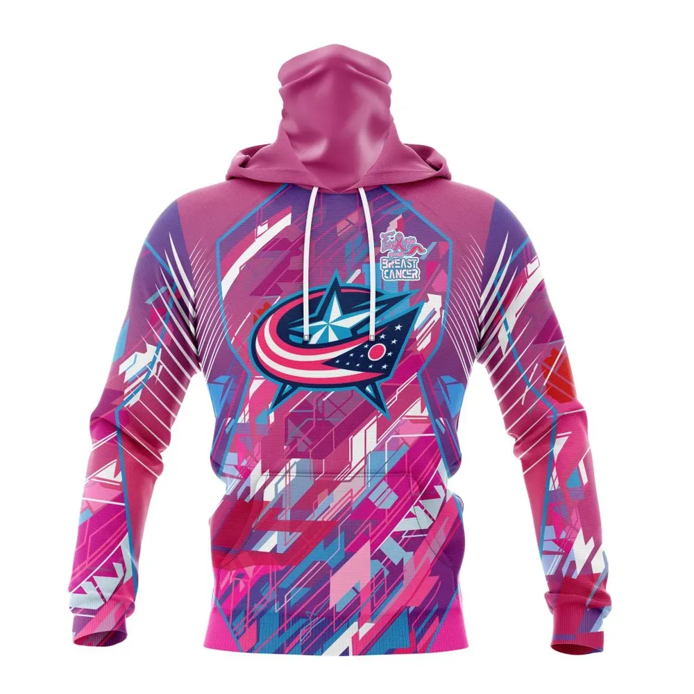 NHL Columbus Blue Jackets | Specialized Design I Pink I Can! Fearless Again Breast Cancer Mask Hoodie